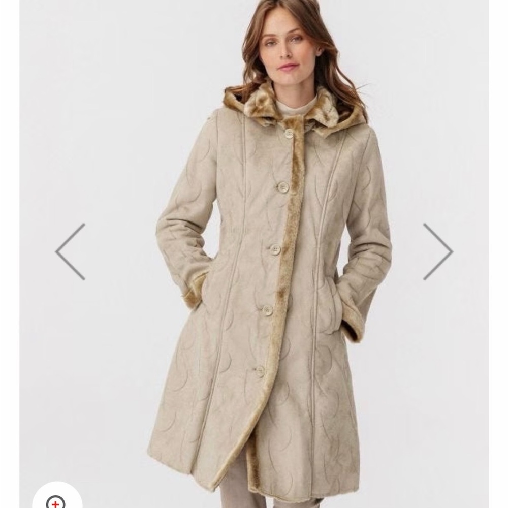 Faux Tan Suede & Fur Embroidered Coat w/ Faux Fur Lining | US 16 | Luxe Look